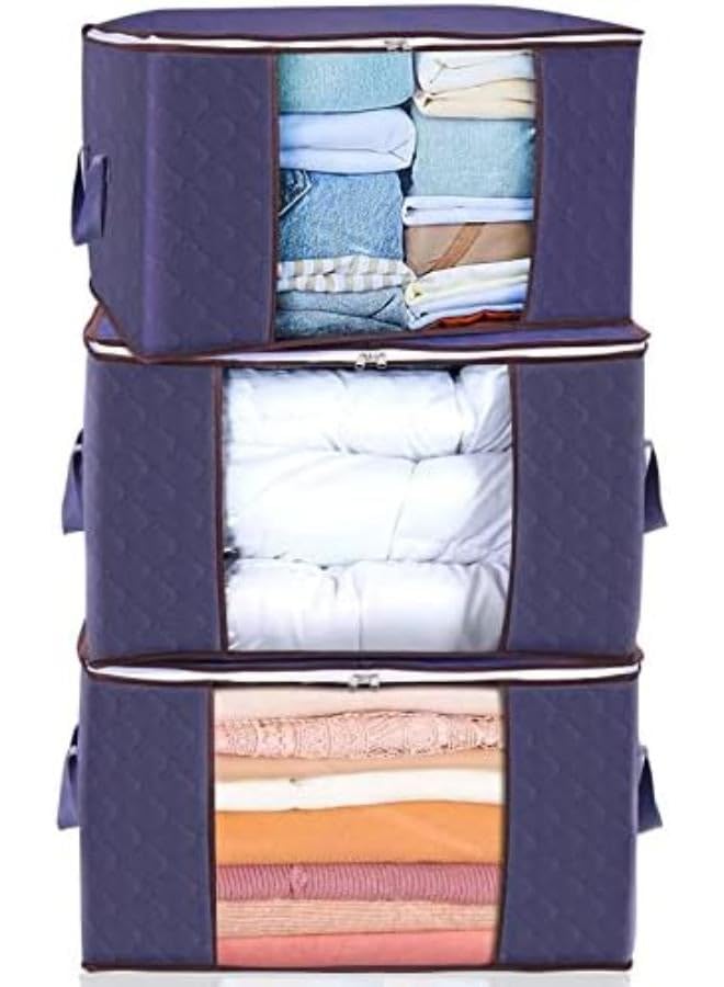 Storage Bag Organizer, [3 Pack] Large Capacity Reinforced Handle Thick Fabric For Comforters, Blankets, Bedding, Foldable & Sturdy Zipper, Clear Window, Under Bed Storage (Navy Blue)