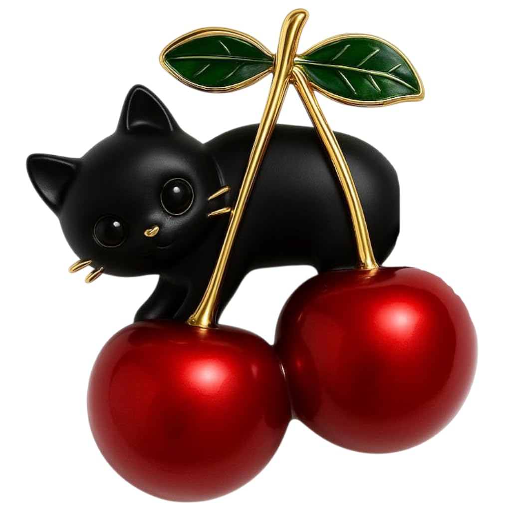 Cat Shape Metal Brooch with Cherries, Gold Plated with Green Leaves, Fashion Jewelry