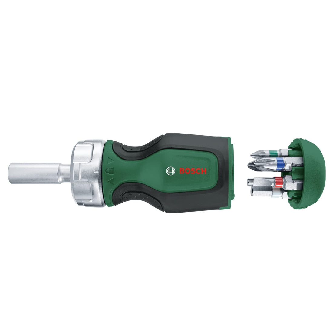 Bosch screwdriver with ratchet, short handle and 6 screwing tips (compact high-torque screwdriver, for assembly work, 6 screwing tips, magnetic holder)