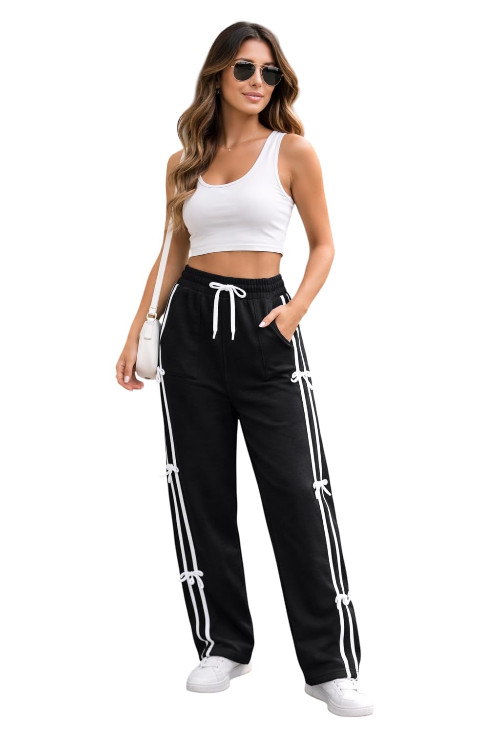 Women's Black Track Pants with White Side Stripes, Drawstring Waist, Bow Details, Casual Athleisure Wear size M