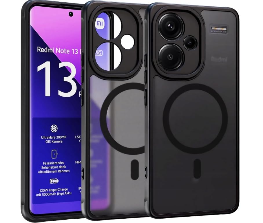 Grabist Magnetic case for Redmi Note 13 Pro Plus, Full Camera Protection with lens, Compatible with magnetic stand, Translucent Matte, Shockproof Case For Redmi Note 13 Pro plus 5G (Black)