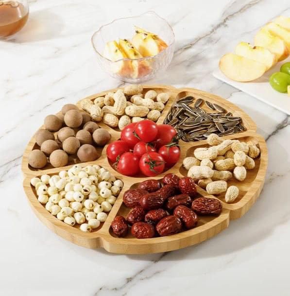 Generic Round Wooden Serving Platter with 7 Compartments, 20cm Bamboo Snack Tray for Appetizers, Nuts, and Party Food, .flo