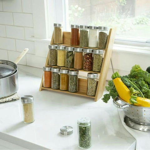 Spice Jar Rack Organizer for Kitchen Cabinet Organization - 3 Tier Expandable Bamboo Organizer Rack