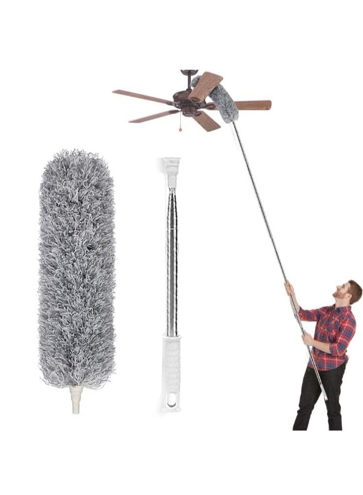 Feather Duster Extendable Duster with 100 inches Extra Long Pole, Bendable Head & Long Handle Dusters for Cleaning Ceiling Fan, High Ceiling, Blinds, Furniture & Cars - Microfiber Duster with Extensio