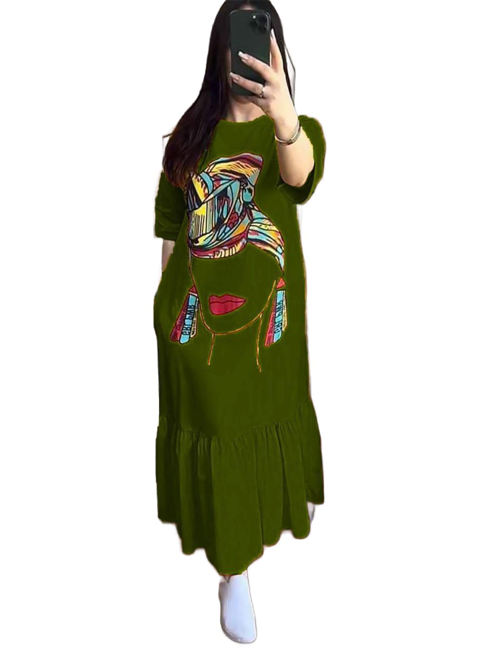 Women's Artistic Portrait Maxi Dress, Long Sleeve Cotton Blend, Available in size 60-90 kg