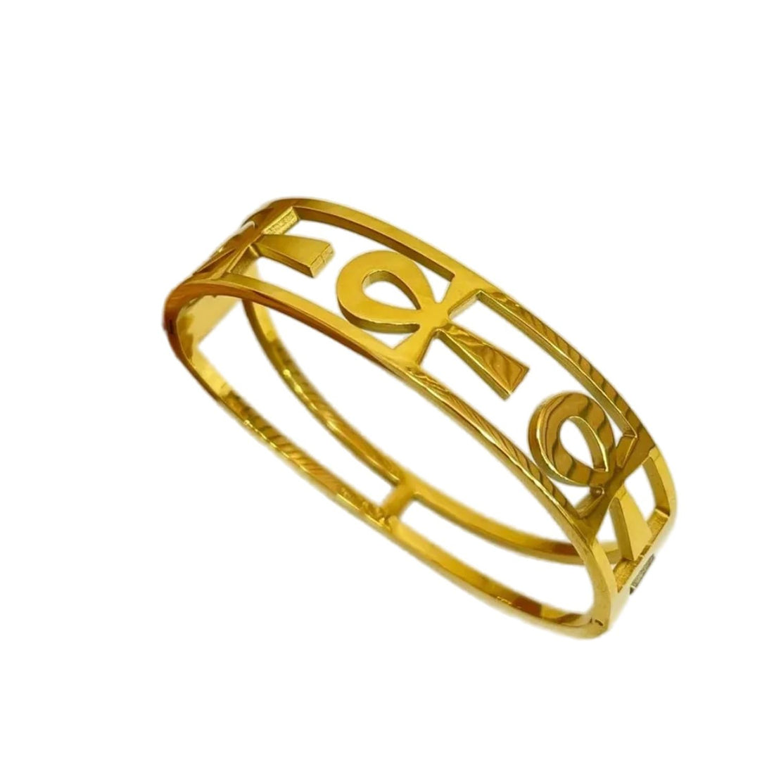 Julia Store 18K Gold Plated Stainless Steel Chunky Trendy Cuff Vintage Boho Ankh Key Adjustable Egyptian Amulet Glam Bangle Statement Thick Arm Cuff Gold Bracelet
