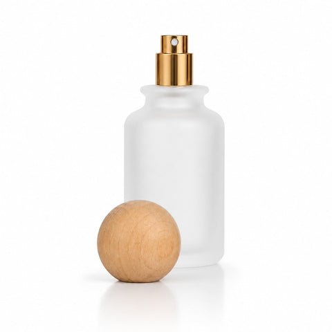 50ml Luxury Empty Refillable Frosted White Glass Perfume Bottle with Gold Metal Spray and Light Natural Wood Lid - 1 Piece