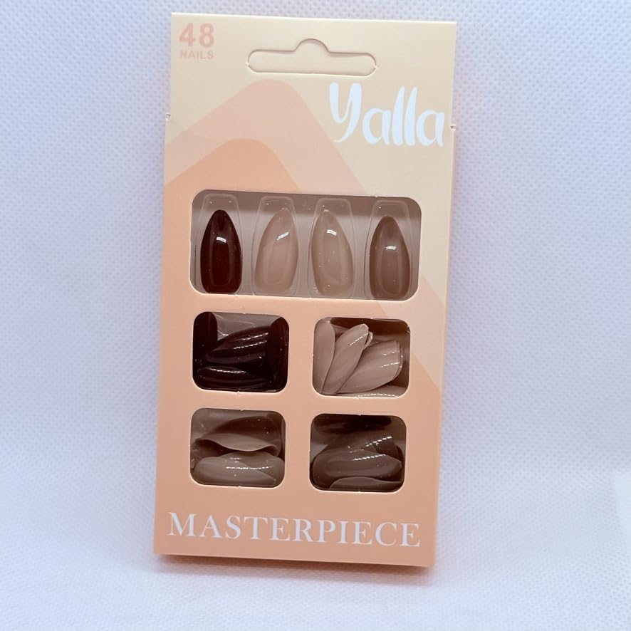 48 Pcs Glossy Press on nails - False nails - Almond Shape - 4 different colors - Fake Nails Full Cover Short Nail Oval Shape False Nails Artificial Fingernails (Brown Beige Caffe)