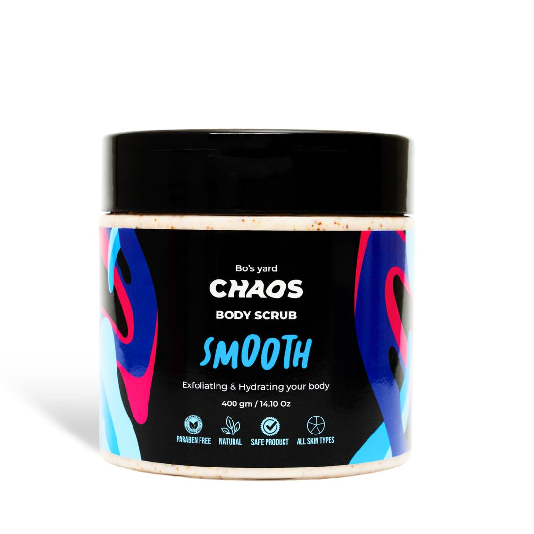 Chaos Smooth Body Scrub, Natural Exfoliating & Hydrating Formula, Refreshing Clean Scent, Apricot Seed Powder for Exfoliation, Shea Butter, Coconut Oil & Cocoa Butter for Hydration, 400g