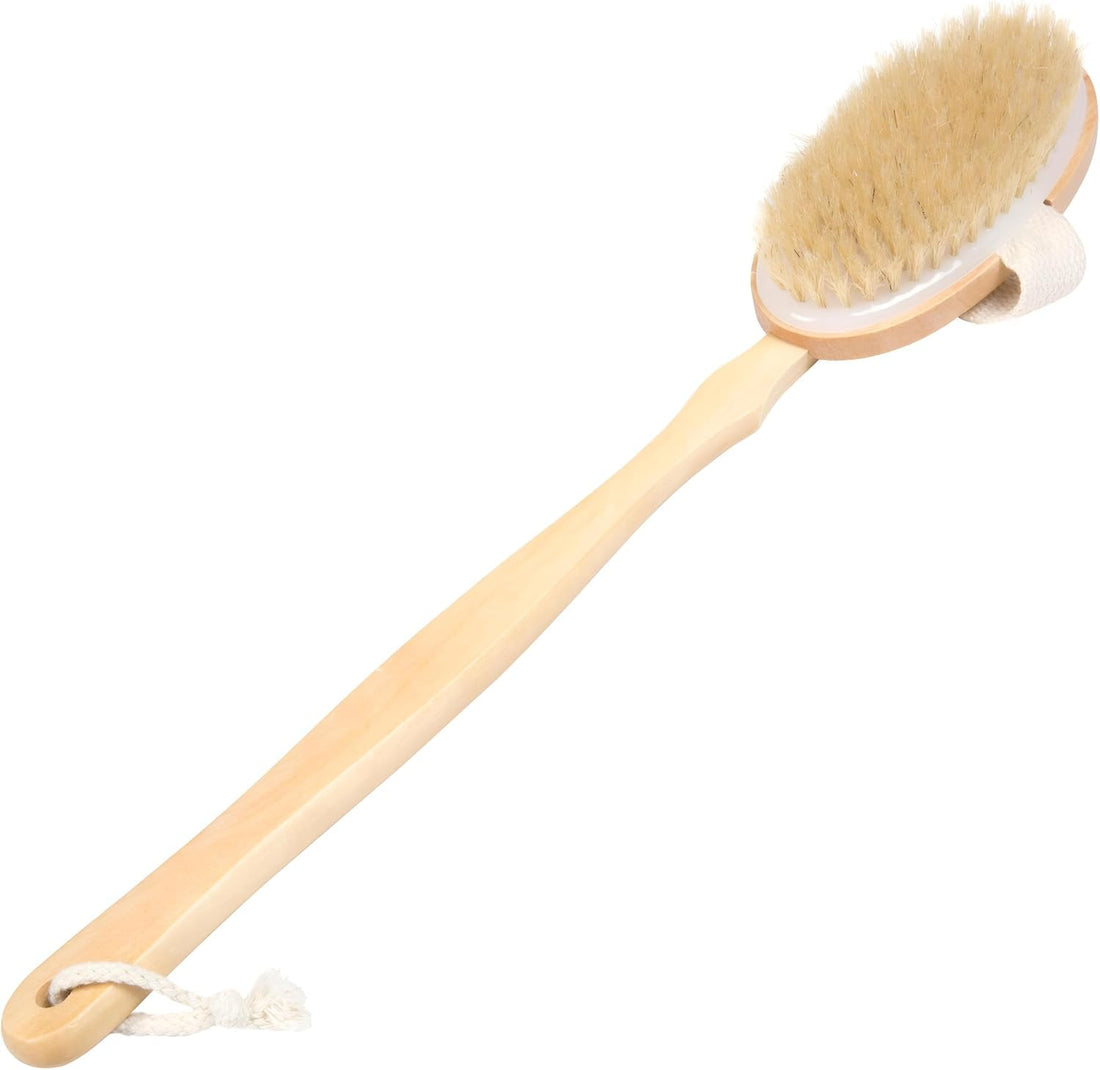 Natural Wooden Body Brush with Long Handle for Shower – Exfoliating Back Scrubber for Wet & Dry Brushing, Soft & Firm Bristles, Deep Cleansing, Body Exfoliator for Smooth & Healthy Skin