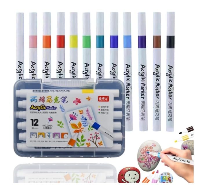 INK SPOT 12 Pcs Acrylic Paint Markers Set | Acrylic Marker | Marker Pens for Rock Painting, Glass, Wood, Fabric, DIY Crafts, Drawing & Sketching – Quick Dry, Non-Toxic, Water-Based Ink