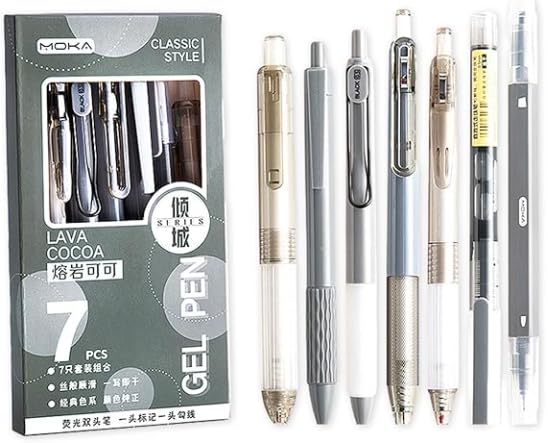 7 Pieces gel Pens Set,Include 6pcs Retractable Gel Ink Pens,1 Dual Tip Highlighter,0.5mm Fine Point,Quick Drying,Writing Pens for School Home Office -Gray