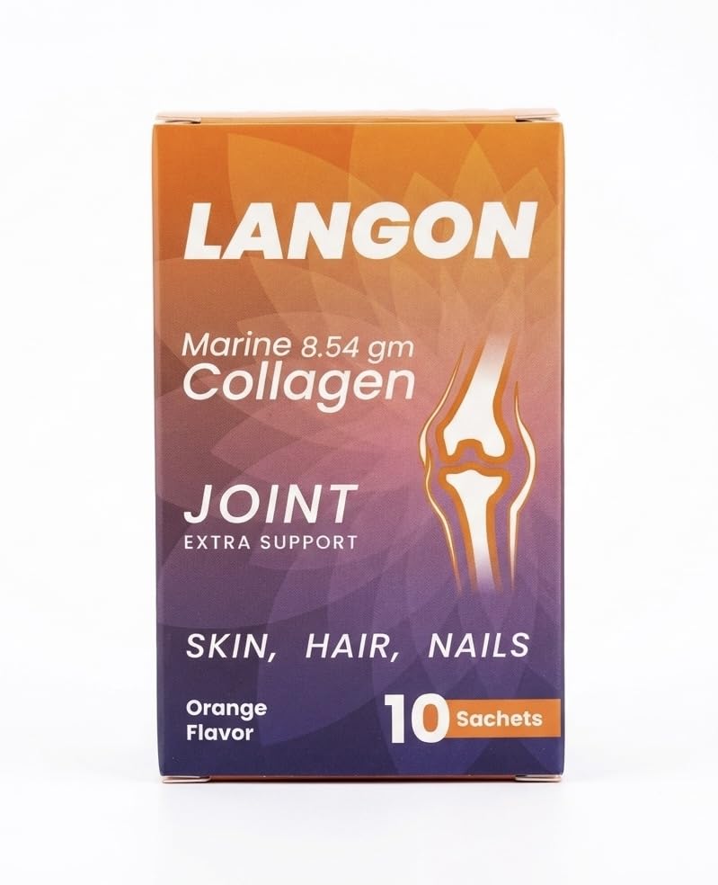 Langon Marine Collagen Powder 8,500mg | Joints, Skin, Hair & Nails | Vitamin C 10 Sachets Orange Flavour لانجون كولاجين بحري 8,500 مجم للمفاصل، البشرة، الشعر والأظافر 10 اكياس ڤتامين سي طعم البرتقال