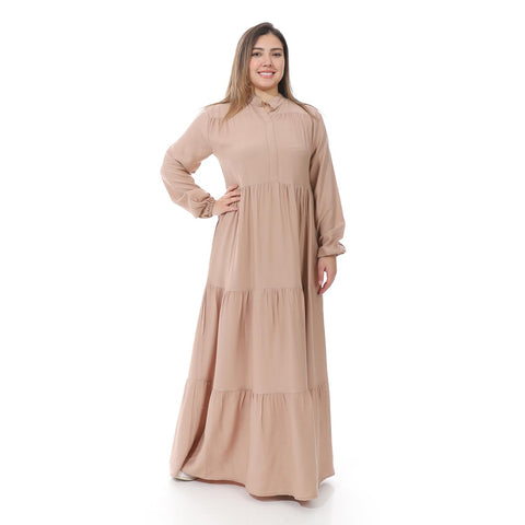 Women's Beige Linen Long Dress Puff Long Sleeve Classic Elegant Daily Dress
