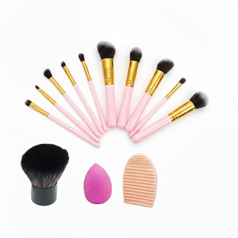 Makeup Brush Set with Beauty Sponge and Cleaning Tool, Pink Gold, 10 Piece Professional Kit