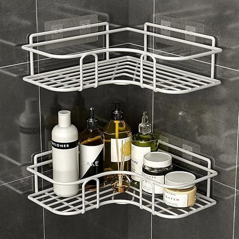 QSHOPHanging Bathroom Shelf, Adhesive Wall Mounted Metal Shelf, Bathroom Shelves, Storage Rack, Hanging Organizer with Corner for Shampoo, Kitchen Shelf Holder, Stainless Steel (1 Piece) (White)