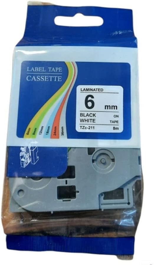 Label Tape Cassette Laminated 6mm Black on White Tape TZc-211 for Brother