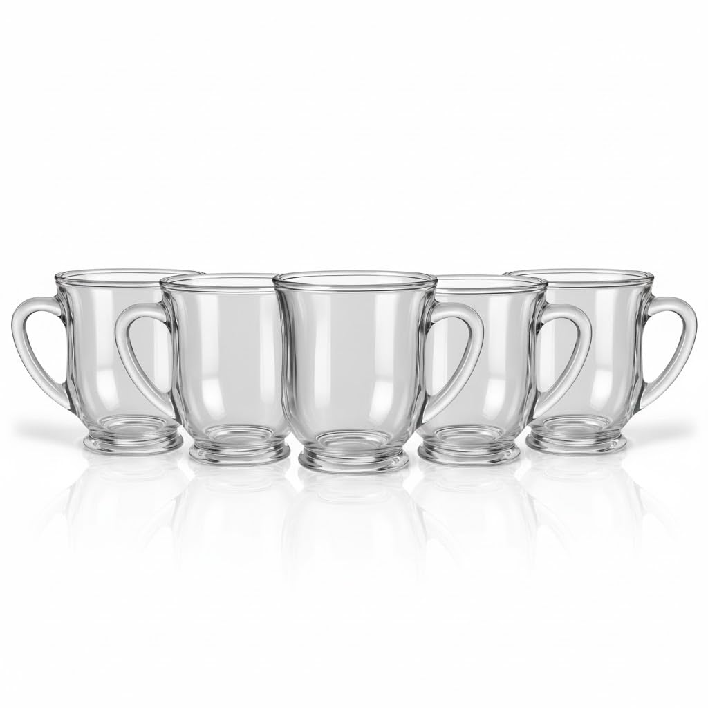 Portal Small Clear Glass Coffee and Tea Cup with Handle – Plain Glass Istikana with Base for Hot Drinks (5 Piece)