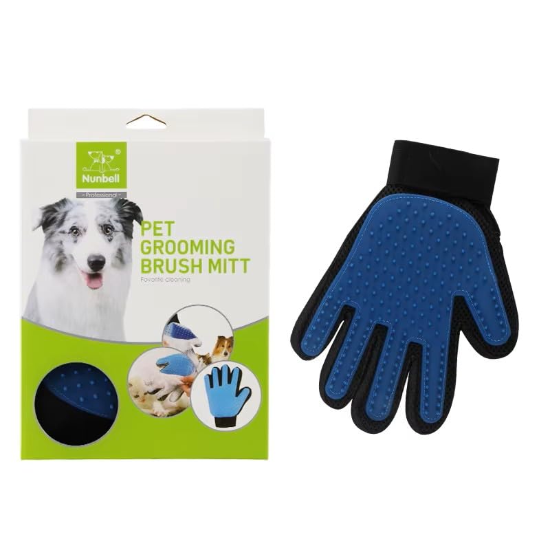 Nunbell Pet Grooming Brush Mitt, Blue and Black, Professional Deshedding Glove for Dogs and Cats