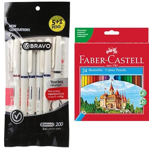 Bravo Stationery Bundle: 200 Ballpoint Pen 6-Pack + Faber-Castell 24 Color Pencils Set