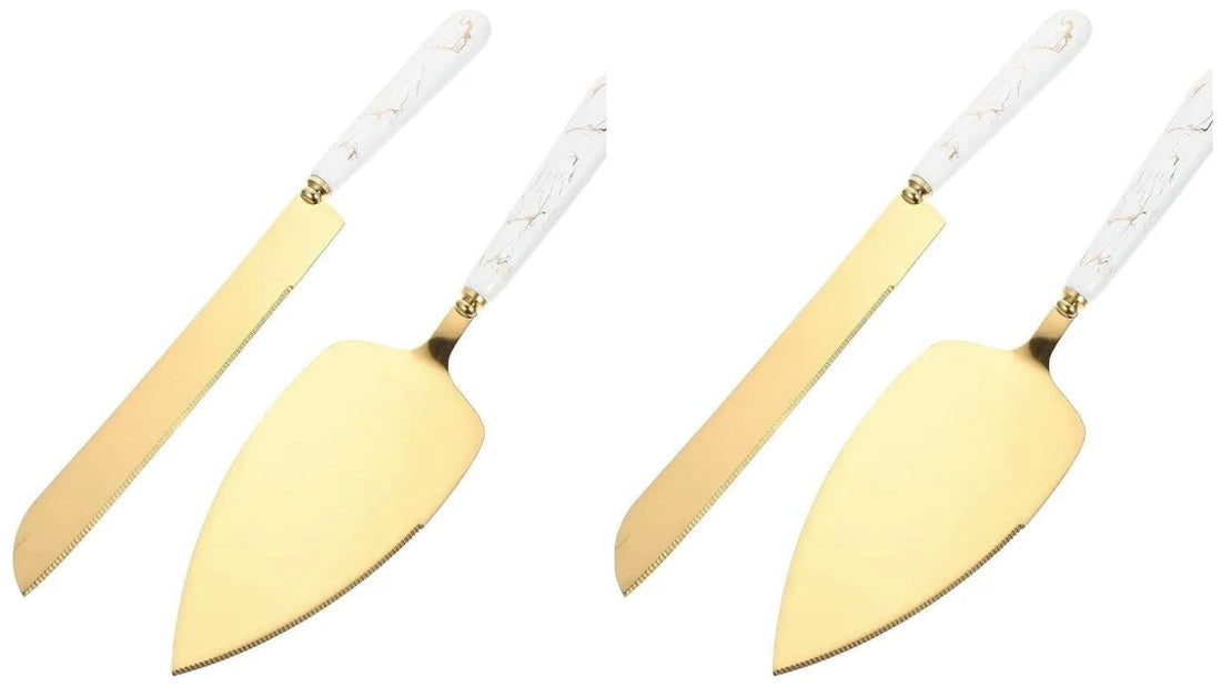 Gold Cake Serving Set 2-Piece with Marble Design Handle, Stainless Steel Cake Knife and Server, Elegant Dessert & Pizza Cutter Set for Weddings, Parties, Kitchen & Gift (White (two packs))