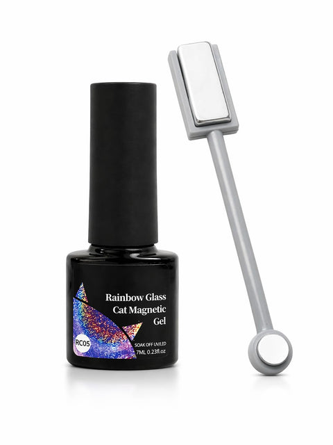 2 Pieces Magnetic Cat Eye Gel Nail Polish Kit with Magnet Tool, Shade RC05 Rainbow Glass Effect, UV LED Soak Off Gel, Holographic High Shine, Long Lasting Nail Art for Salon & Home Use 7ml