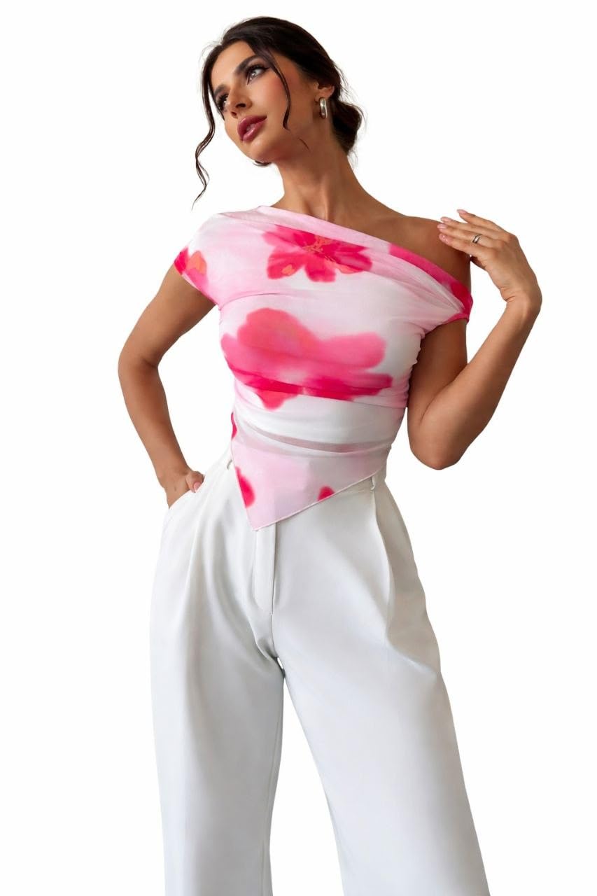 SHEIN Elegant Tie Dye Asymmetrical Hem Open Shoulder Asymmetrical Short Sleeve Cropped T-Shirt