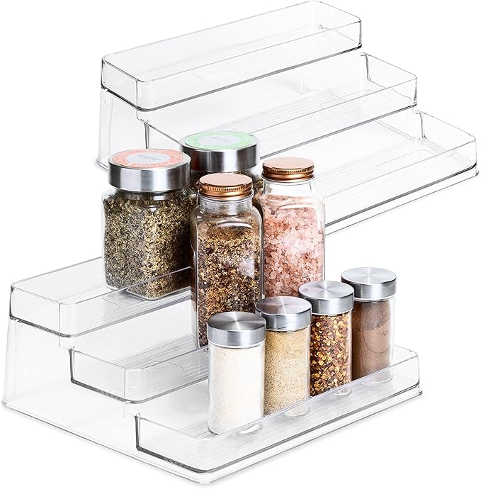 Happy Home 3-Tier Spice Rack - BPA Free Plastic Resin - Spices, Herbs, Bottles, Jars, Cupboards, Pantry Storage - Kitchen Organizer - Clear