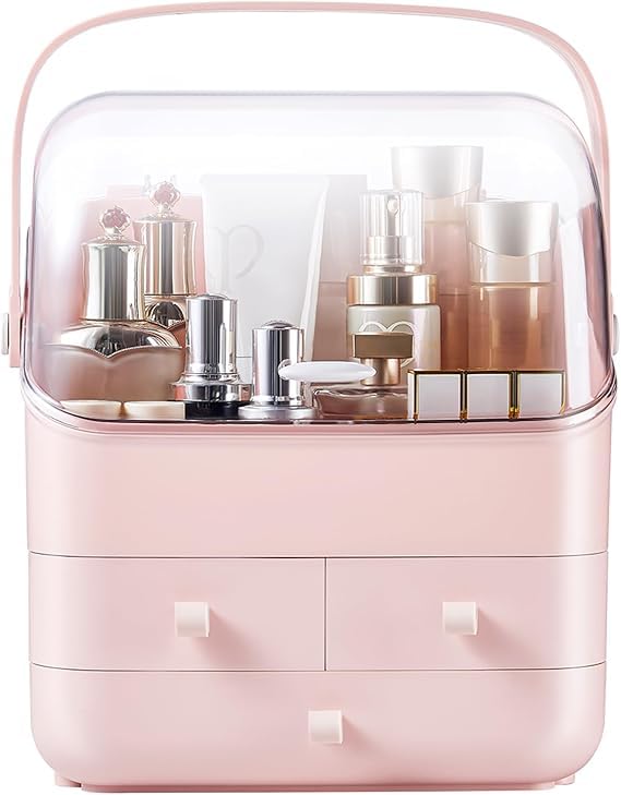 Pink Multi-Layer Makeup Organizer with Dust Cover & Easy Carry Top Handle – Stylish Design with Functional Drawers for Storage of Cosmetics & Accessories – Suitable for Bedroom, Bathroom, Dresser