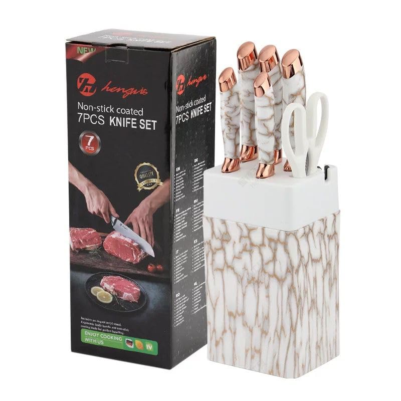 7-Piece Knife Set with Storage Block, Stainless Steel, Black Granite Non-Stick Coating and Ergonomic Handle (Brown)