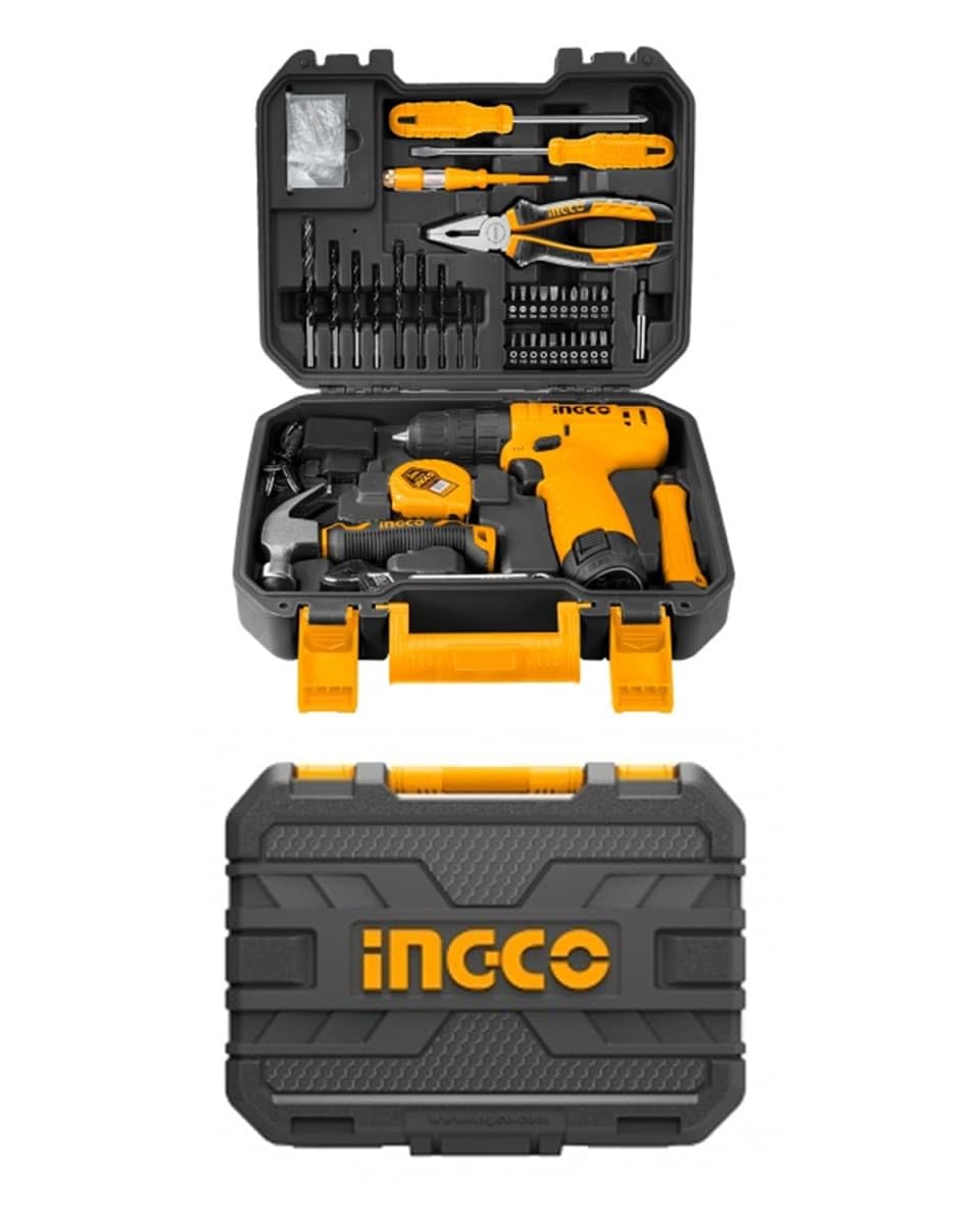 INGCO Household Tools 81pcs Set, 12V Cordless Drill, Screwdrivers, Screwdriver bits, Combination Pliers, Adjustable Wrench, Claw Hammer, Test Pencil, Snap-off blade knife, Drill bits