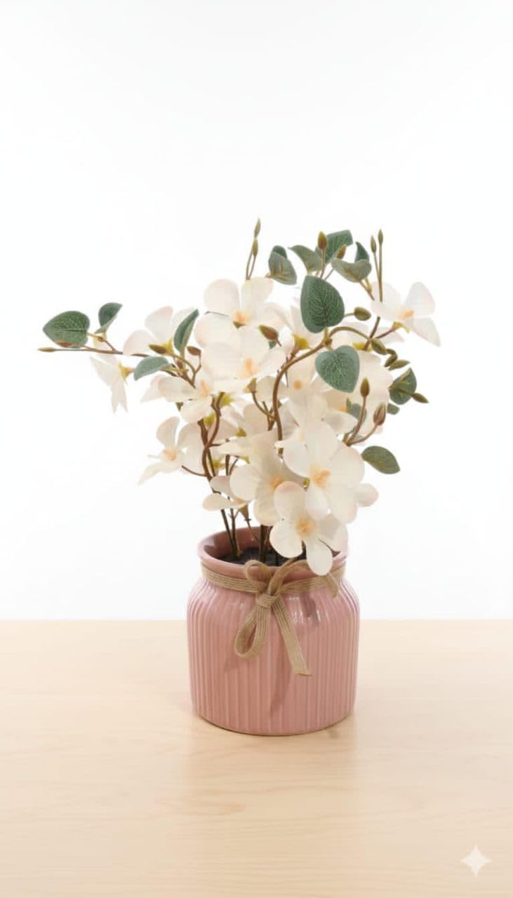 Artificial White Flowers with Green Leaves, Decorative Floral Bouquet in Pink Ribbed Ceramic Vase, Modern Style Home Décor for Tables and Desks, 22x22x27 cm