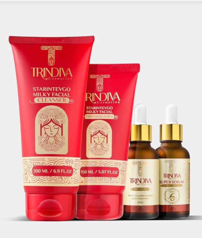 Trindiva Peeling System Skincare Set, Cleanser, Exfoliating Scrub, Correcting Serum, Super Serum with AHA BHA, 4 Piece Kit