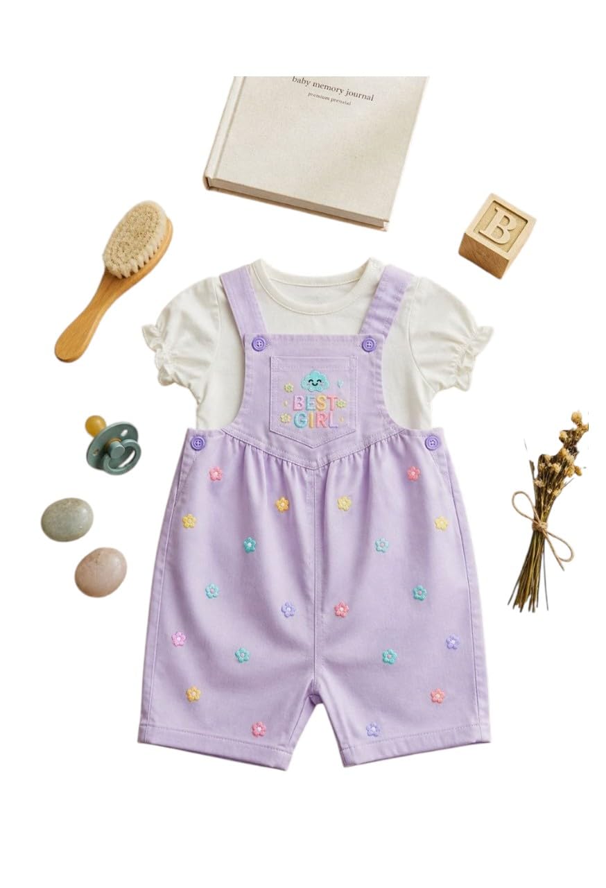 Jabardine Embroidered Flowers Baby Salopet with White Cotton T-shirt - Cute and Trendy Girls Set