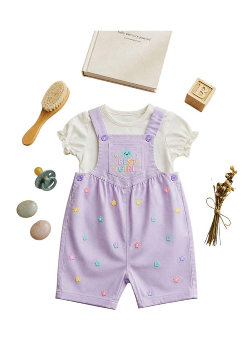 Jabardine Embroidered Flowers Baby Salopet with White Cotton T-shirt - Cute and Trendy Girls Set