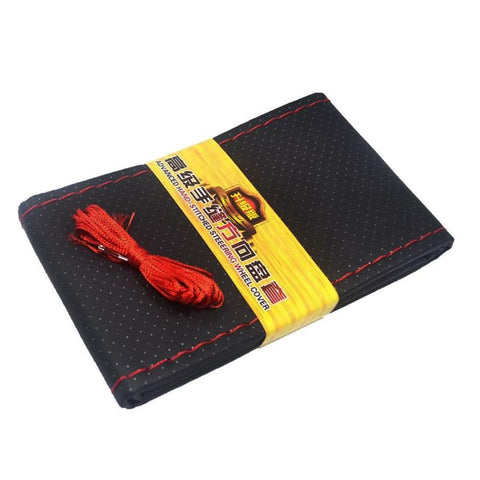 Leather Car Steering Wheel Cover, Stitching on Ends - (Black Red Thread) - KaberTrade