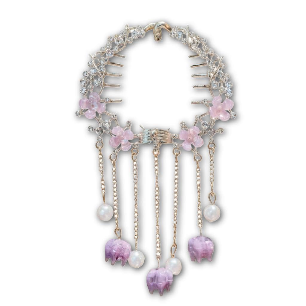Pearl Comb - Handmade Floral Hair Accessory with Bead Tassels Pink Purple Shades Gold Chain Bridal Wedding Decoration (model 2)