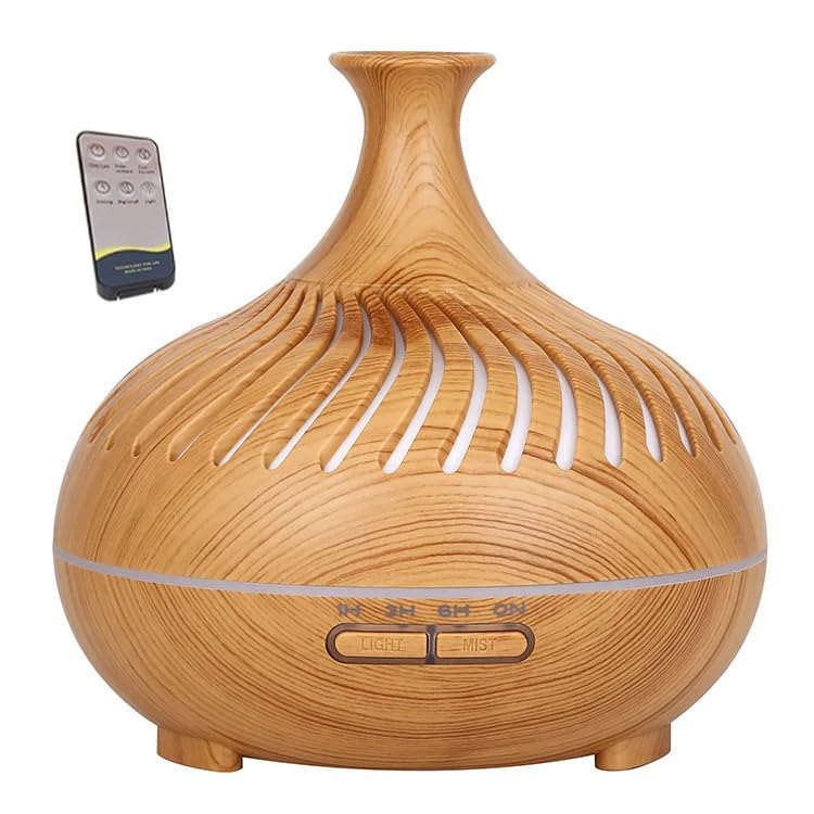 mobigon Essential Oil Aroma Diffuser with Remote Control, 7 Colour LED Light, Wood Grain, 500ml Capacity, 10-Hour Quiet Humidifier for Home and Office