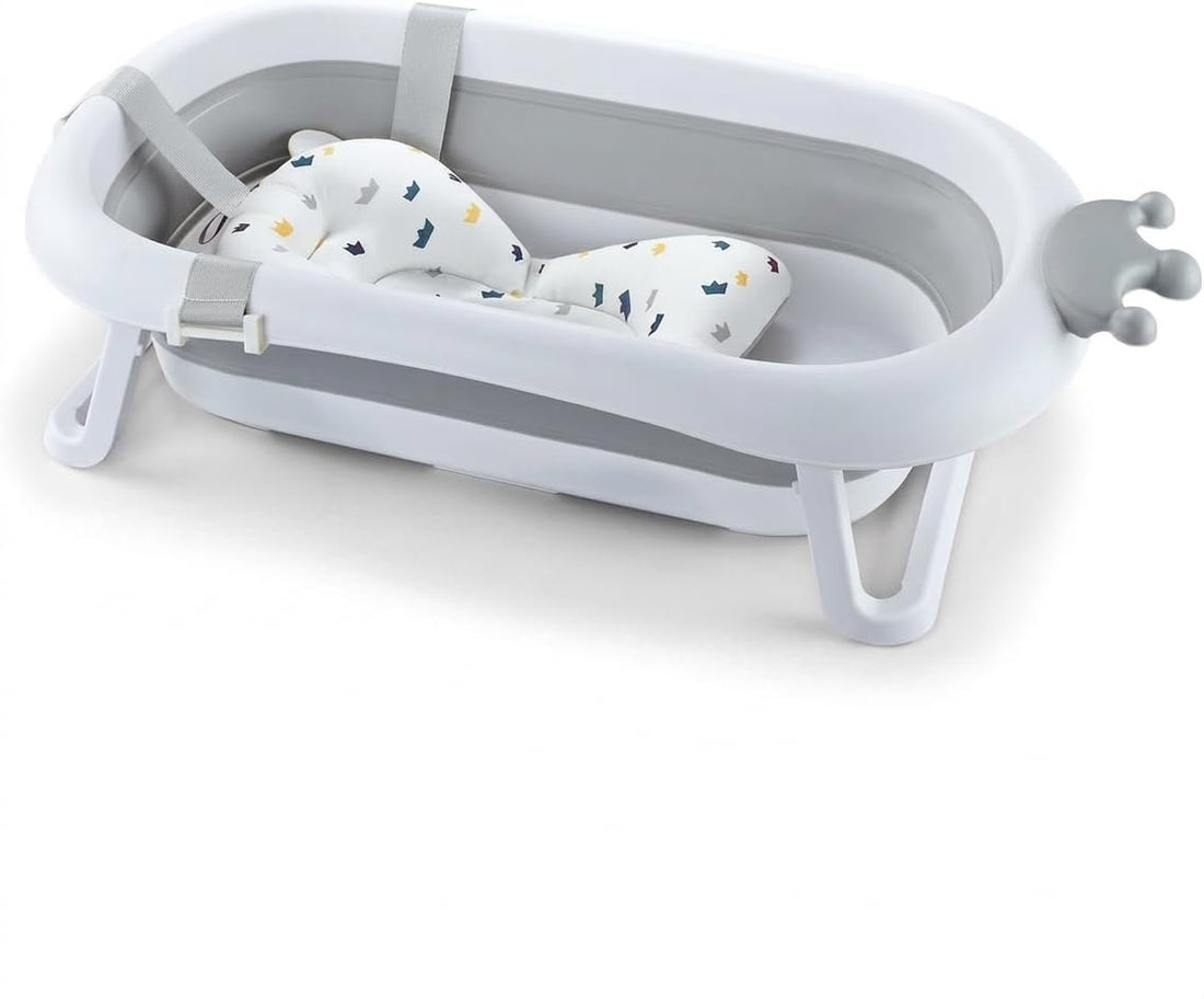 Foldable Baby Bath Tub Grey and White with Soft Support Pillow, Water Bucket Suitable for Infants and Toddlers