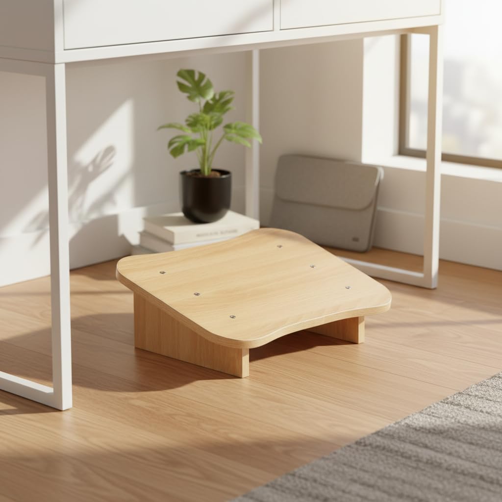 ِAmire Home Ergonomic Wooden Footrest for Under Desk, Oak Veneer Finish, Curved Foot Support Stool, 40x30x14 cm, Premium Solid Wood Leg Rest for Home Office and Gaming (Wooden)