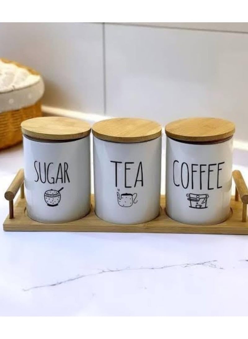 Ceramic Jar Set with Wooden Lids and Tray â€“ 3-Piece Storage for Sugar, Tea & Coffee â€“ Modern Kitchen Organizer