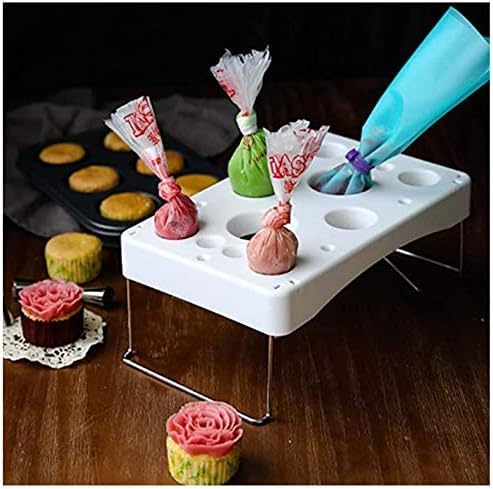 Cake Decorating Bag Holder, 12-Cavity Cream Bag Organizer Rack, Foldable Plastic and Stainless Steel White Dollar Import Houseware