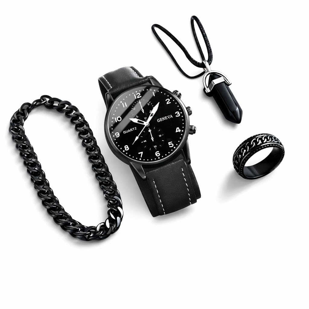 4pc Men's Watch Set, Casual & Fashionable, Round Dial, Arabic Numeral Markers, PU Strap Quartz Watch, Comes With Necklace, Bracelet And Ring