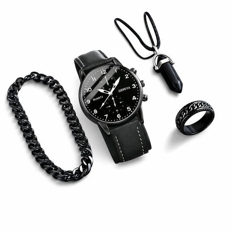 4pc Men's Watch Set, Casual & Fashionable, Round Dial, Arabic Numeral Markers, PU Strap Quartz Watch, Comes With Necklace, Bracelet And Ring