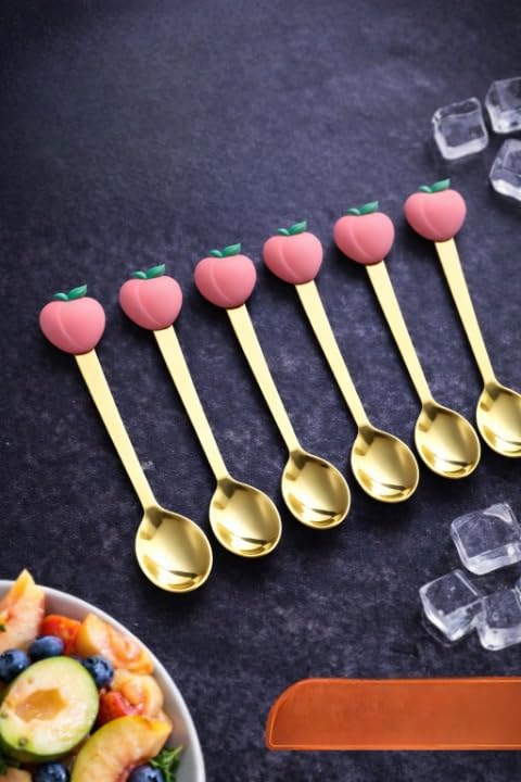 Set of 6 Cute Golden Stainless Steel Dessert & Teaspoons with Fruit-Shaped Silicone Tops (Peach)