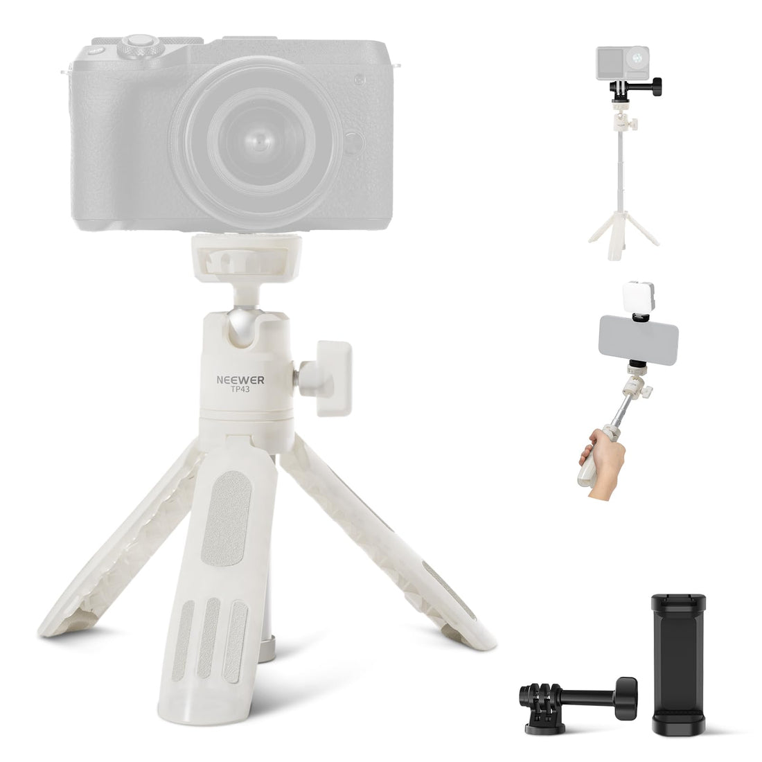 NEEWER Mini Desktop Selfie Stick Tripod Compatible with iPhone GoPro Insta360 DJI with 360° Ball Head Elevated Central Axis, Metal Portable Small Desk Camera Webcam Cell Phone Vlog Stand, TP43 White