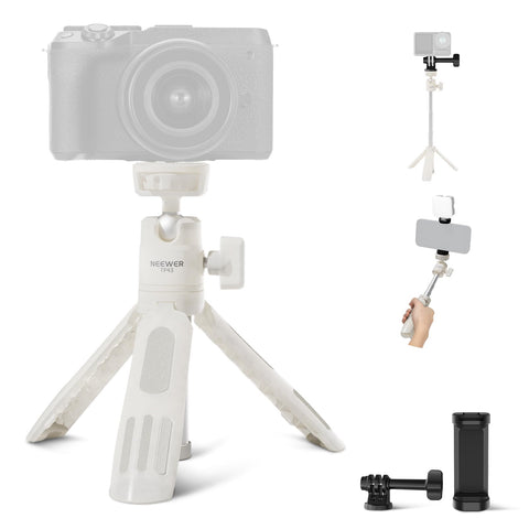 NEEWER Mini Desktop Selfie Stick Tripod Compatible with iPhone GoPro Insta360 DJI with 360° Ball Head Elevated Central Axis, Metal Portable Small Desk Camera Webcam Cell Phone Vlog Stand, TP43 White