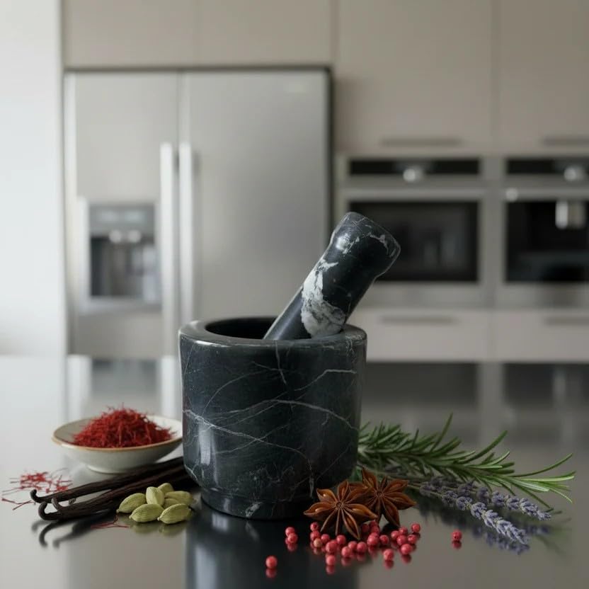Marble Mortar and Pestle Set, Black, Kitchen Spice Grinder