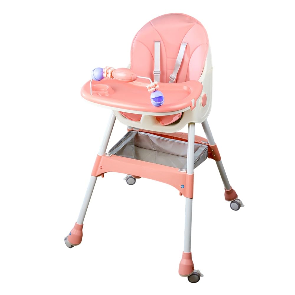 Adjustable Baby High Chair, Pink and White, 5-Point Safety Harness, Removable Tray with Toys, Foldable Design, Wheeled Base