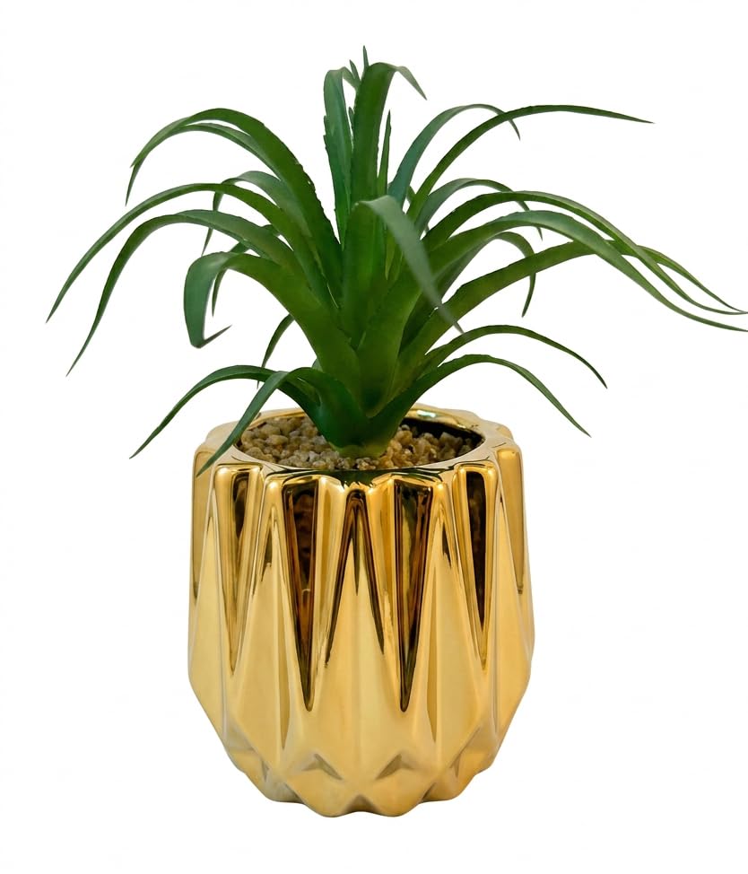 Realistic Artificial Plant in Gold Porcelain Pot Geometric Luxury Modern Home Decor for Office Shelf Living Room Indoor Natural Looking Artificial Plant